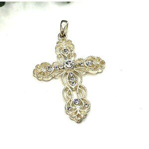 Vintage Silver-Tone Filigree Cross Pendant With Rhinestones